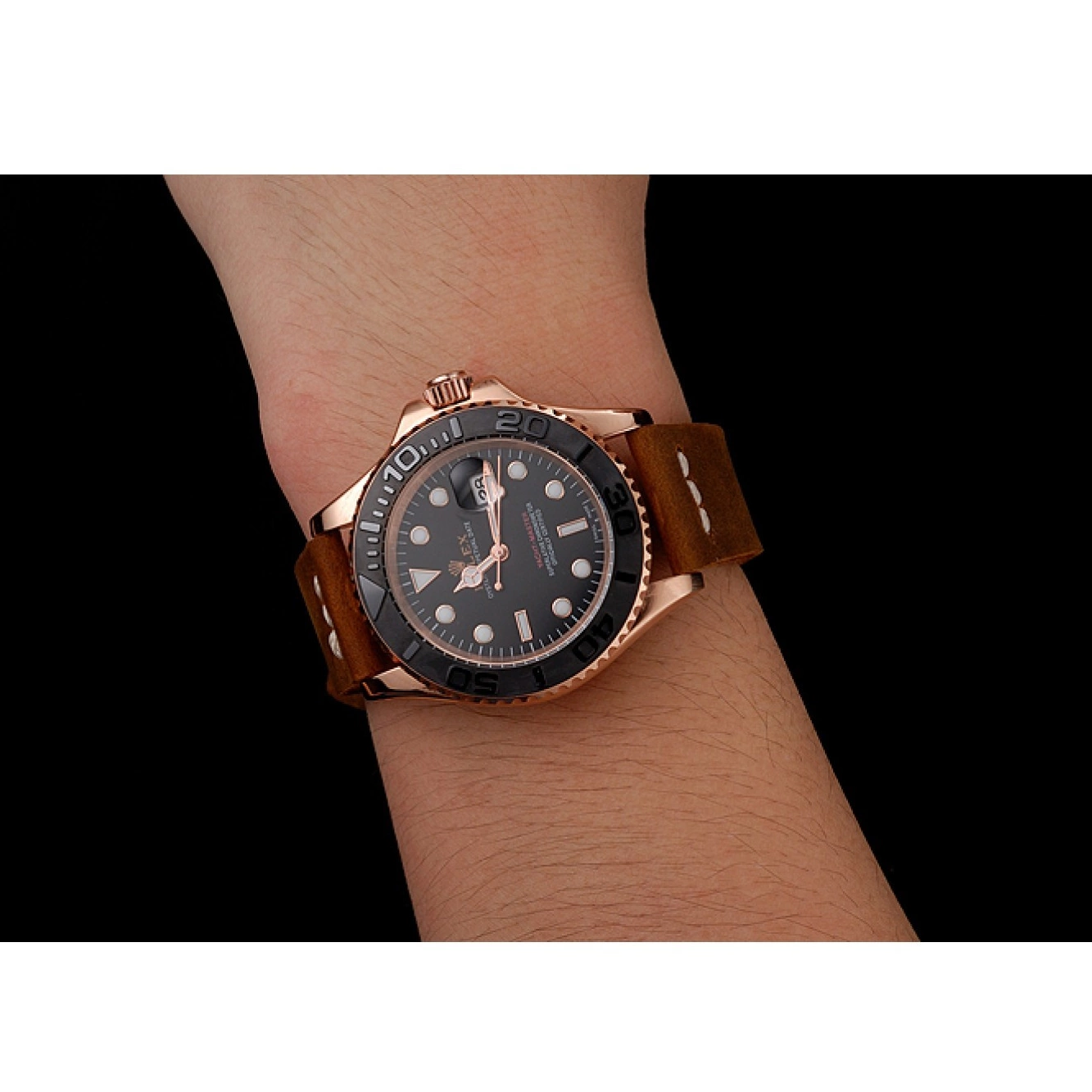 Rolex aaa copy Leather Black 1453861 Rose Case Gold Master Bracelet Rolex Yacht Brown Dial 0616